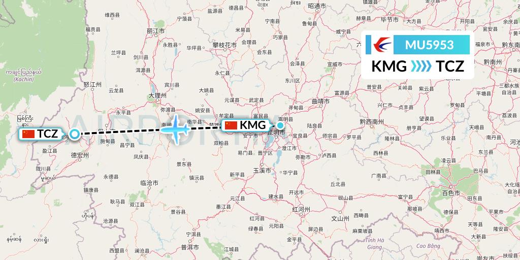 MU5953 China Eastern Airlines Flight Map: Kunming to Tengchong