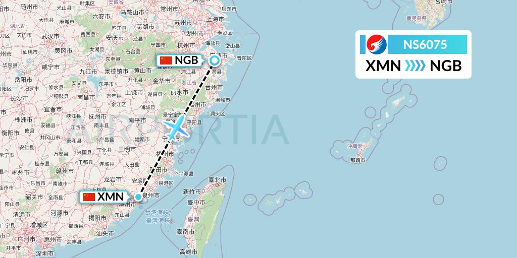 NS6075 Hebei Airlines Flight Map: Xiamen to Ningbo