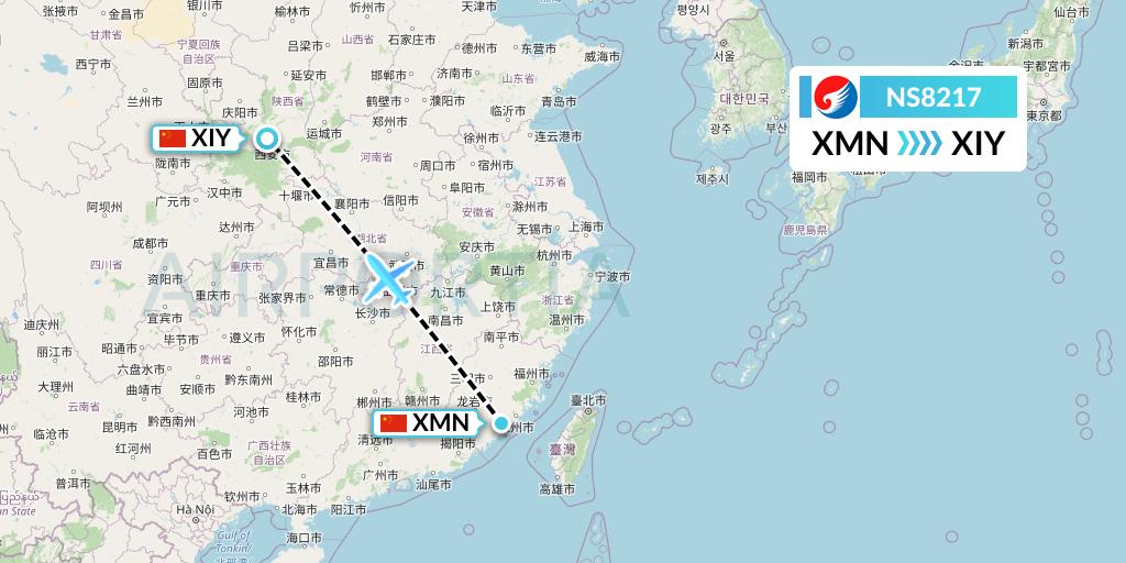 NS8217 Hebei Airlines Flight Map: Xiamen to Xi'an