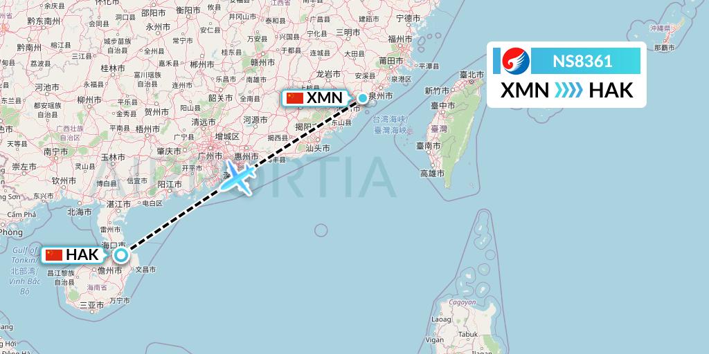 NS8361 Hebei Airlines Flight Map: Xiamen to Haikou