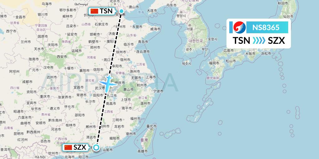 NS8365 Hebei Airlines Flight Map: Tianjin to Shenzhen