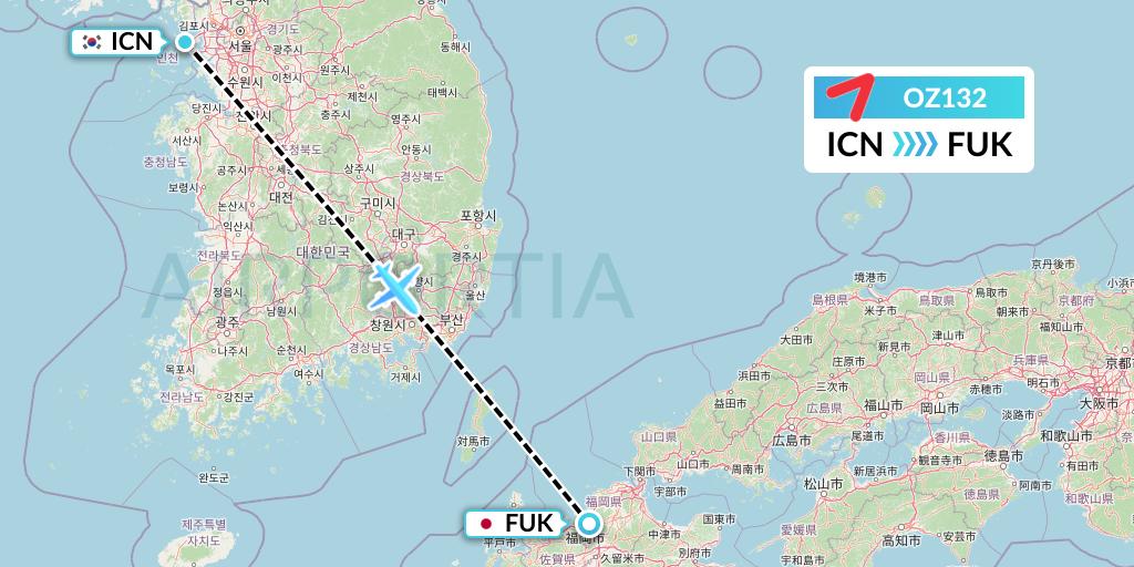 OZ132 Asiana Airlines Flight Map: Seoul to Fukuoka