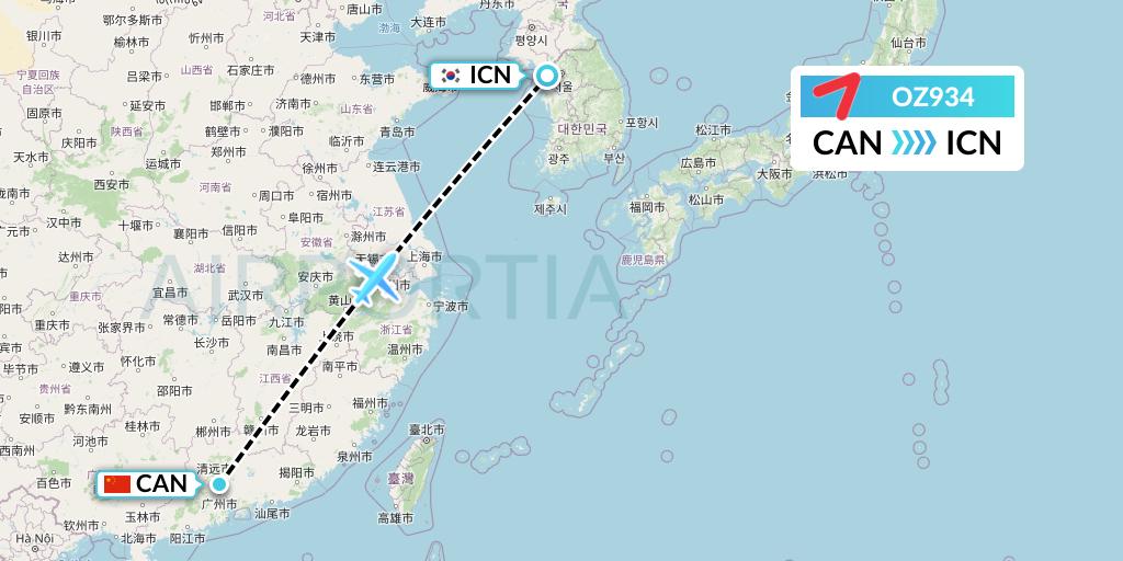 OZ934 Asiana Airlines Flight Map: Guangzhou to Seoul