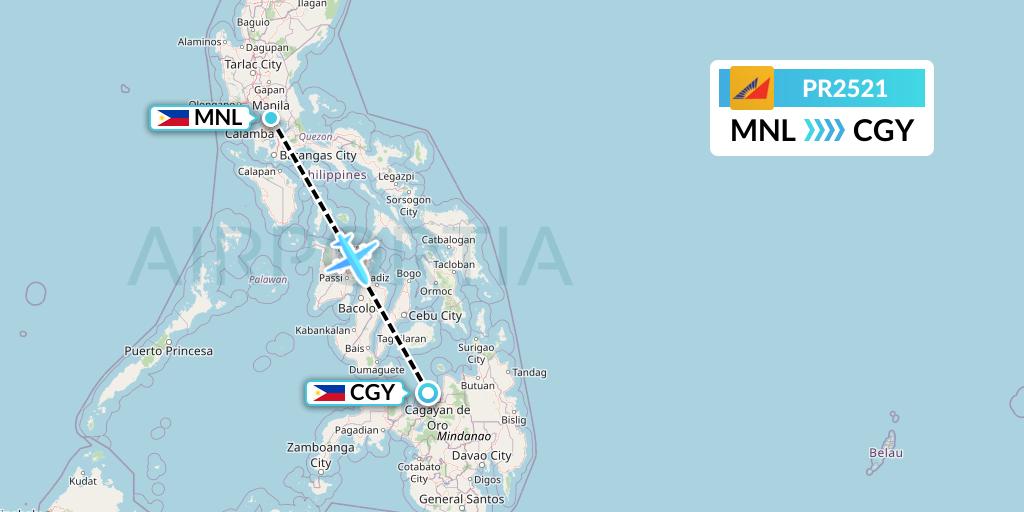 PR2521 Philippine Airlines Flight Map: Manila to Cagayan de Oro