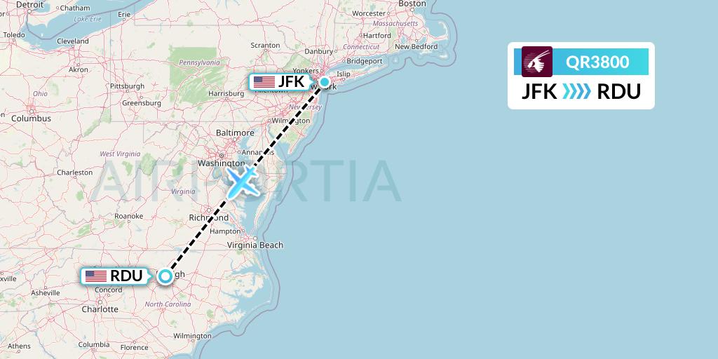 QR3800 Qatar Airways Flight Map: New York to Raleigh-Durham