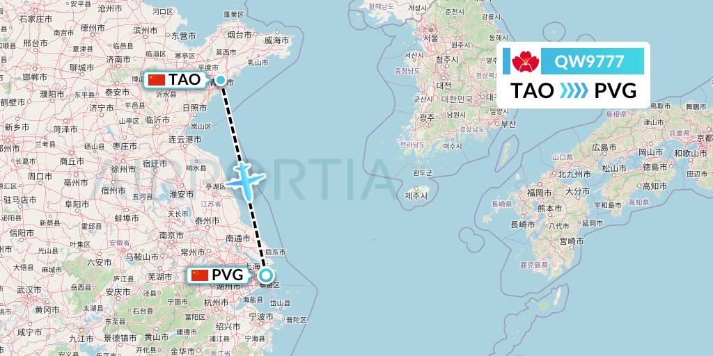 QW9777 Qingdao Airlines Flight Map: Qingdao to Shanghai