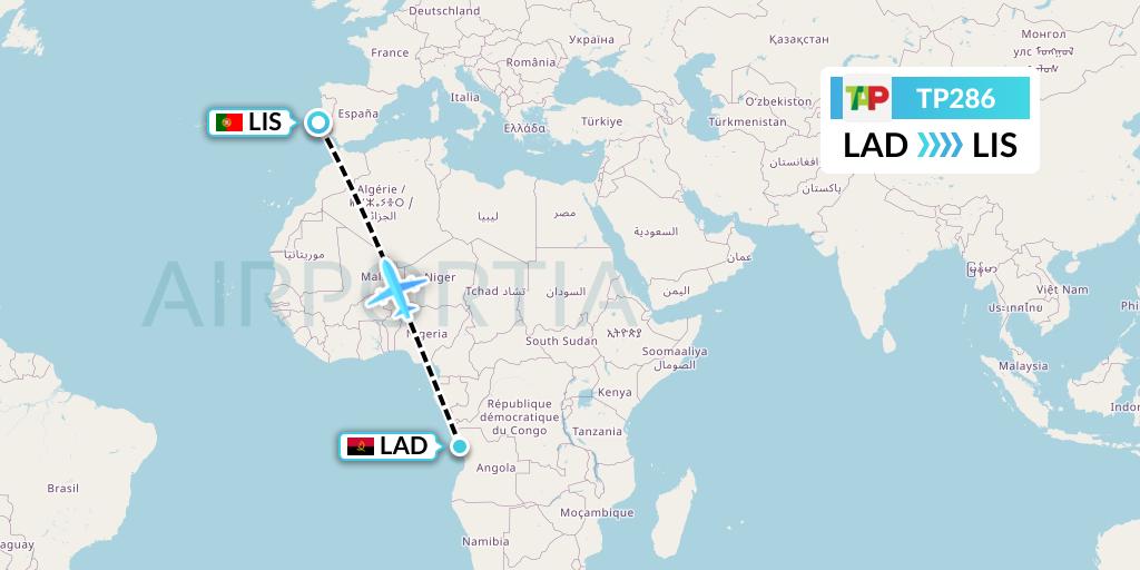 TP286 TAP Portugal Flight Map: Luanda to Lisbon