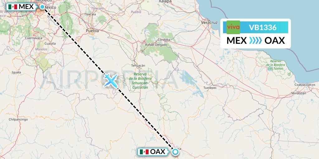 VB1336 VivaAerobus Flight Map: Mexico City to Oaxaca
