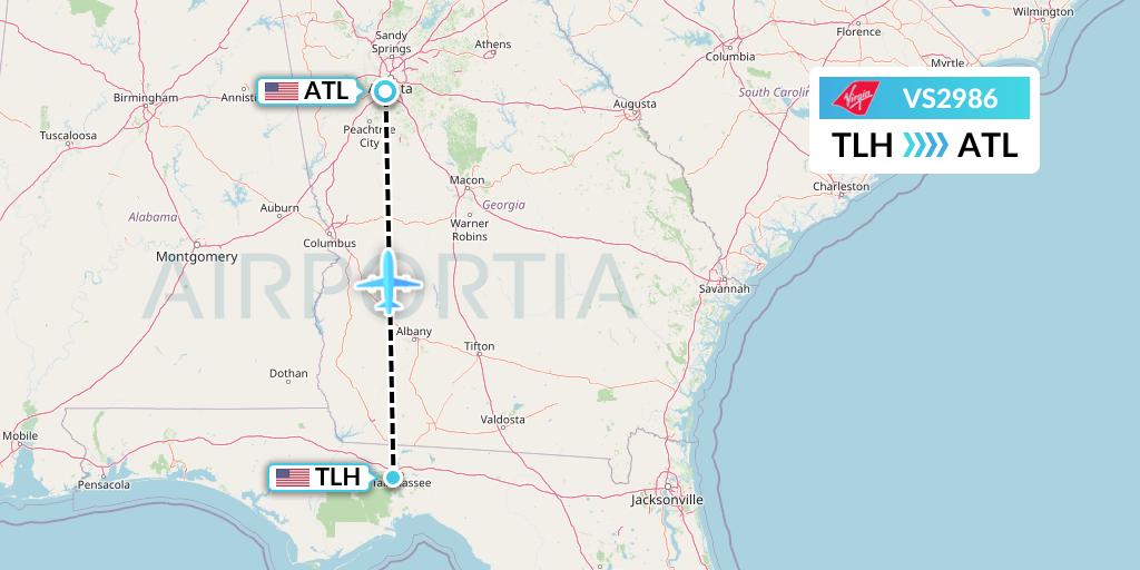 VS2986 Virgin Atlantic Airways Flight Map: Tallahassee to Atlanta