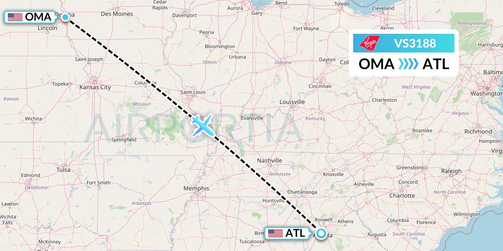 VS3188 Virgin Atlantic Airways Flight Map: Omaha to Atlanta