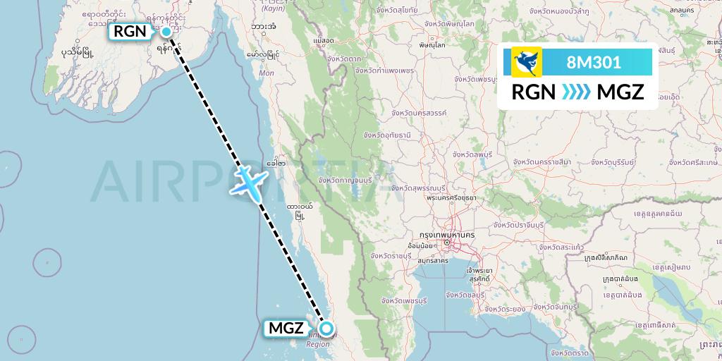 8M301 Myanmar Airways International Flight Map: Yangon to Myeik