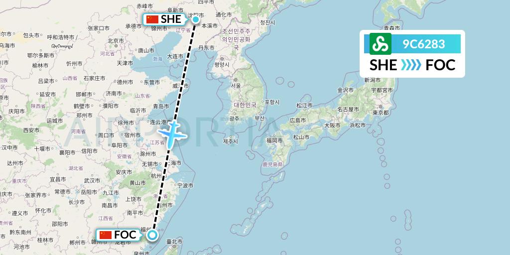 9C6283 Spring Airlines Flight Map: Shenyang to Fuzhou