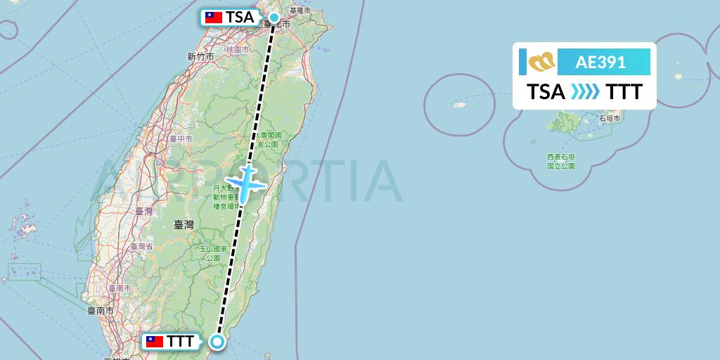 AE391 Mandarin Airlines Flight Map: Taipei to Taitung