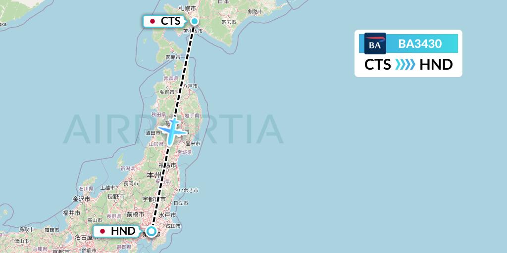BA3430 British Airways Flight Map: Sapporo to Tokyo