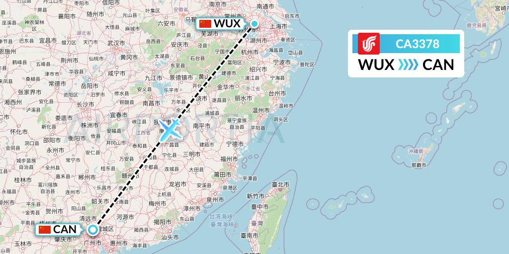 CA3378 Air China Flight Map: Wuxi to Guangzhou