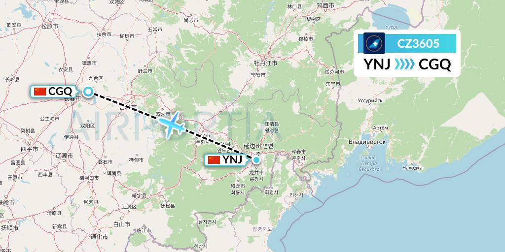 CZ3605 China Southern Airlines Flight Map: Yanji to Changchun