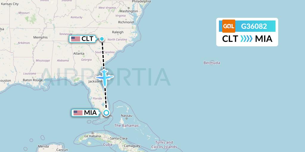 G36082 GOL Transportes Aeros Flight Map: Charlotte to Miami