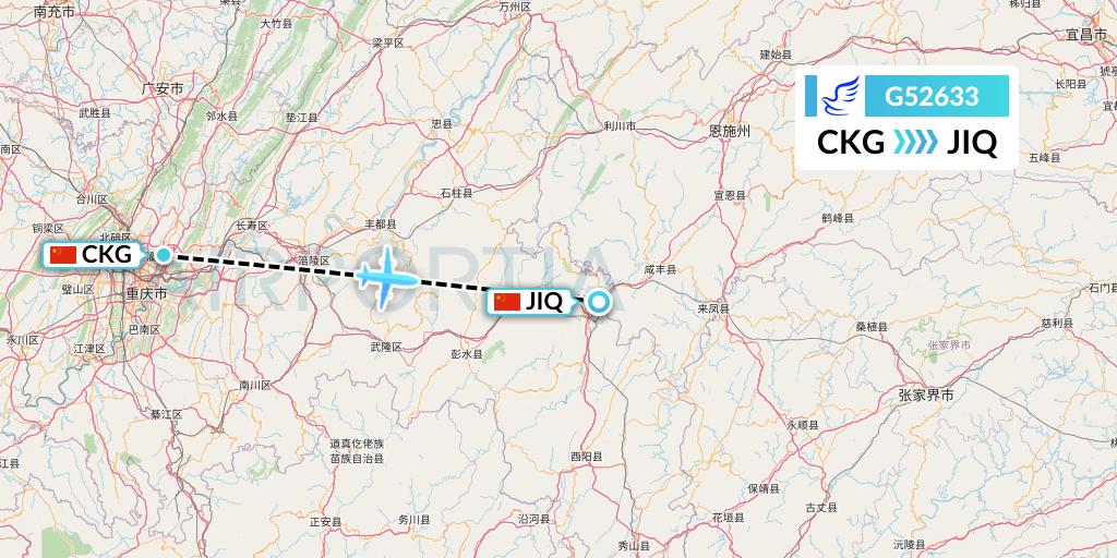 G52633 China Express Airlines Flight Map: Chongqing to Qianjiang