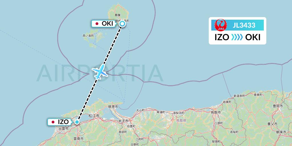 JL3433 Japan Airlines Flight Map: Izumo to Okinoshima