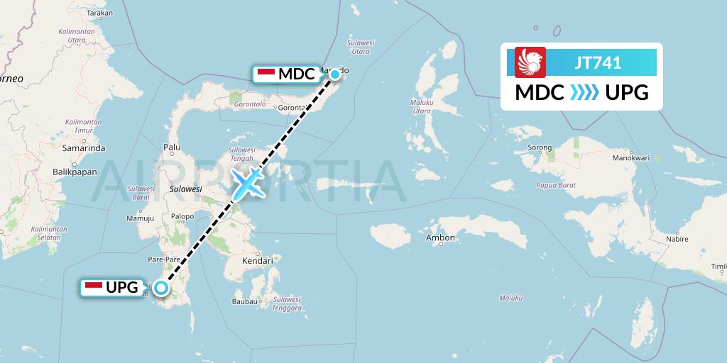 JT741 Lion Airlines Flight Map: Manado to Makassar