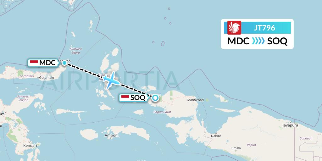 JT796 Lion Airlines Flight Map: Manado to Sorong