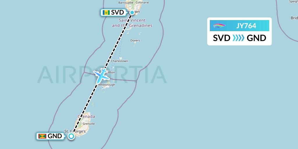 JY764 InterCaribbean Airways Flight Map: Kingstown to Point Salines