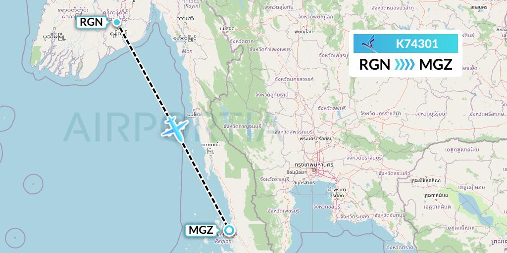 K74301 Air KBZ Flight Map: Yangon to Myeik