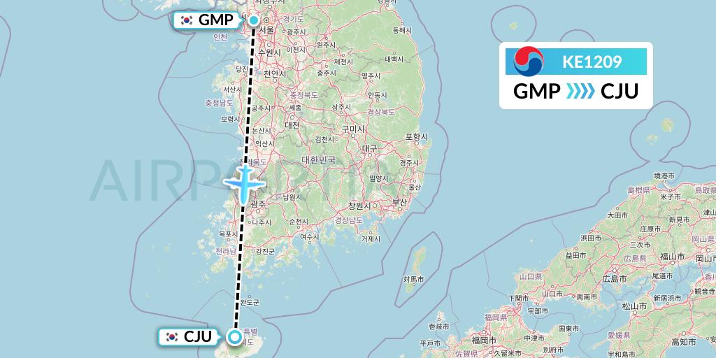 KE1209 Korean Air Flight Map: Seoul to Jeju