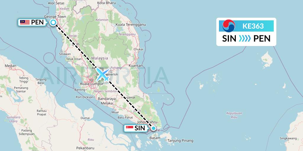 KE363 Korean Air Flight Map: Singapore to Penang