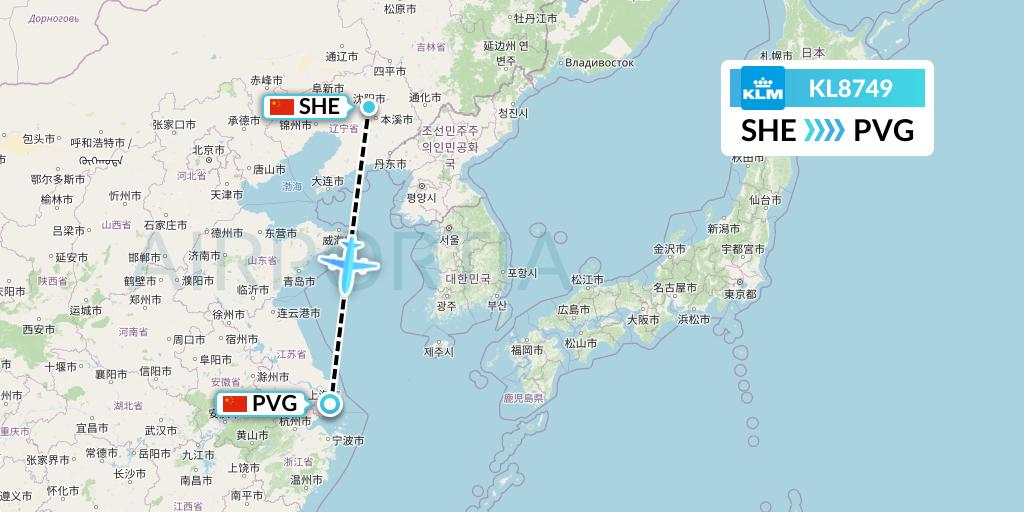 KL8749 KLM Flight Map: Shenyang to Shanghai