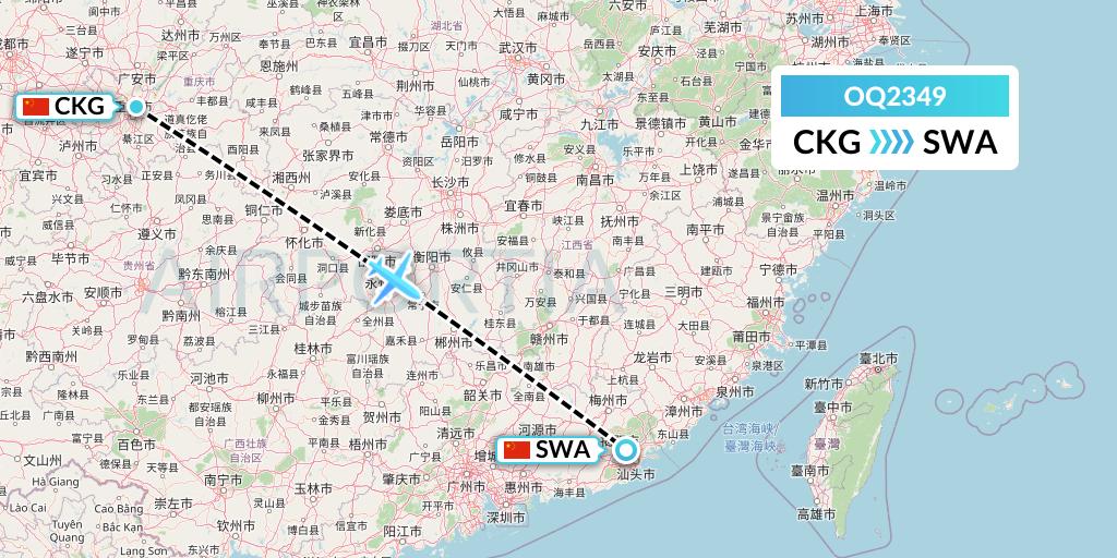 OQ2349 Chongqing Airlines Flight Map: Chongqing to Jieyang
