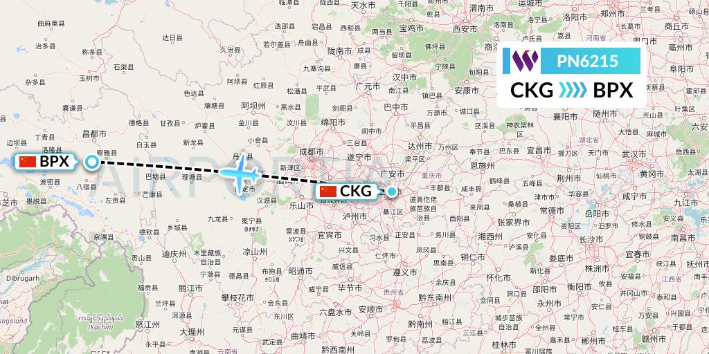 PN6215 China West Air Flight Map: Chongqing to Bangda