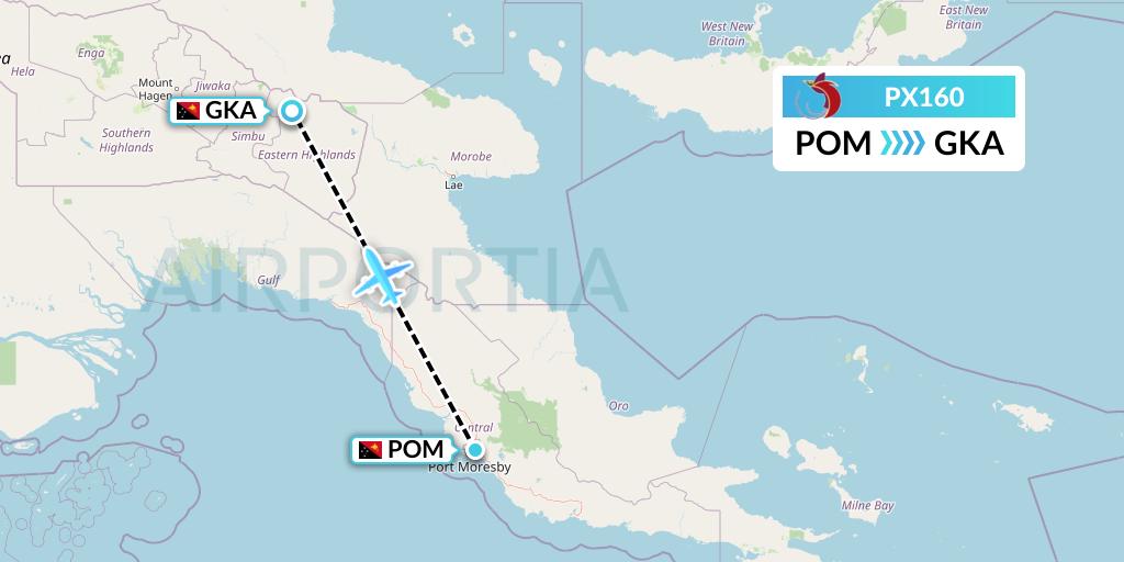 PX160 Air Niugini Flight Map: Port Moresby to Goronka