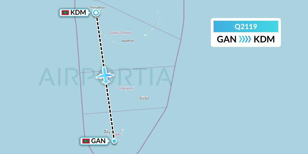 Q2119 Maldivian Flight Map: Gan Island to Kaadedhdhoo Island