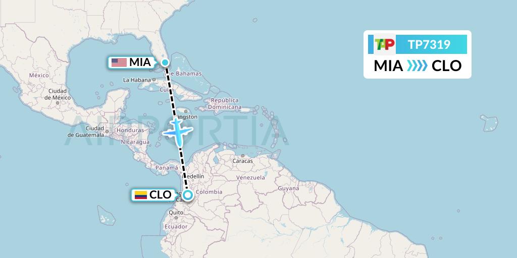 TP7319 TAP Portugal Flight Map: Miami to Cali