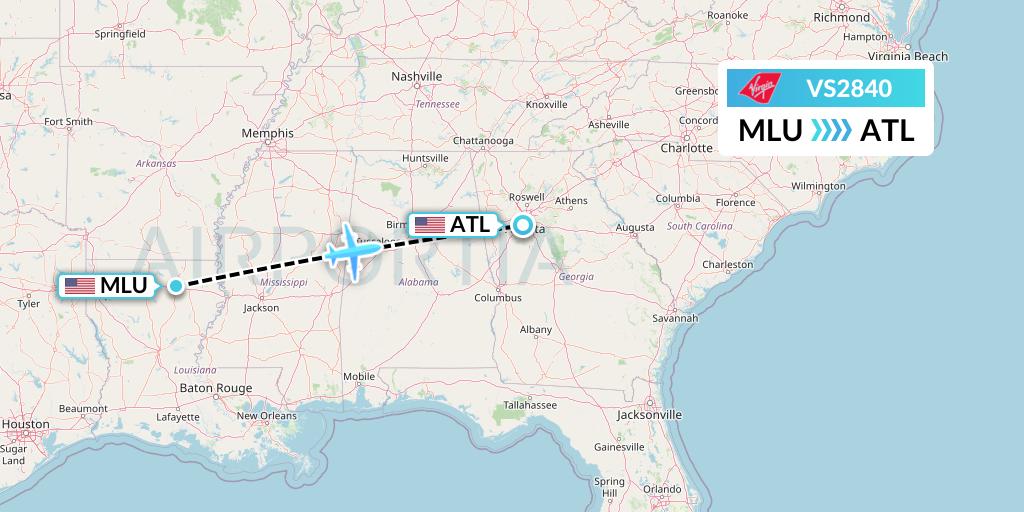 VS2840 Virgin Atlantic Airways Flight Map: Monroe to Atlanta