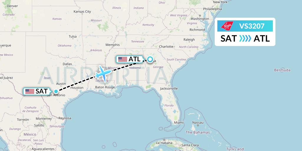 VS3207 Virgin Atlantic Airways Flight Map: San Antonio to Atlanta
