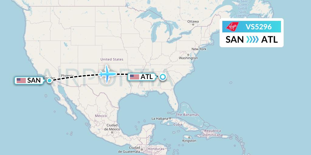 VS5296 Virgin Atlantic Airways Flight Map: San Diego to Atlanta