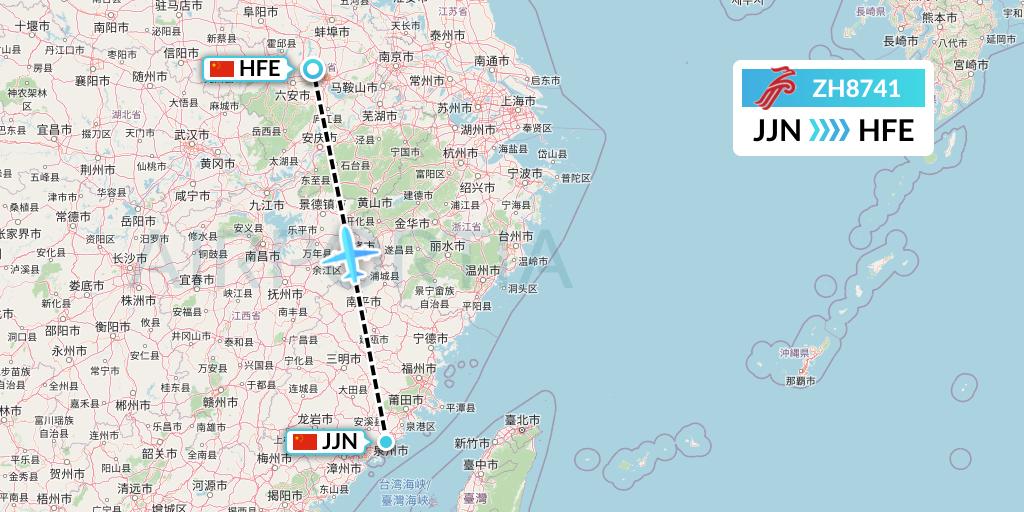 ZH8741 Shenzhen Airlines Flight Map: Jinjiang to Hefei