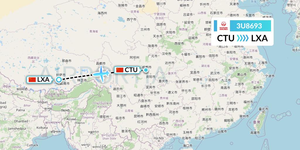 3U8693 Sichuan Airlines Flight Map: Chengdu to Lhasa