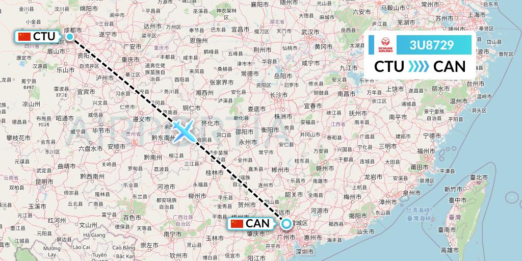 3U8729 Sichuan Airlines Flight Map: Chengdu to Guangzhou