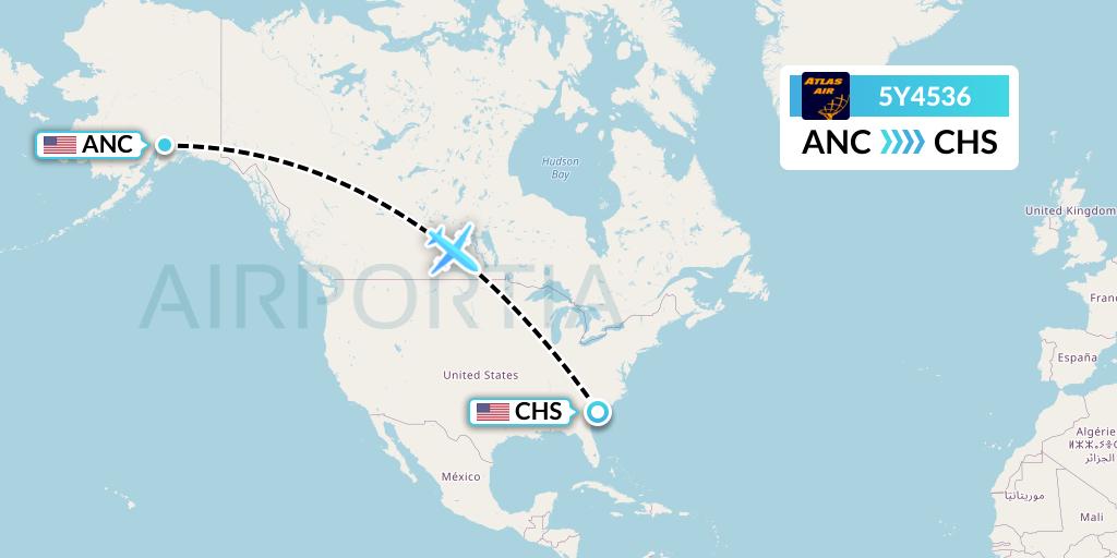 5Y4536 Atlas Air Flight Map: Anchorage to Charleston