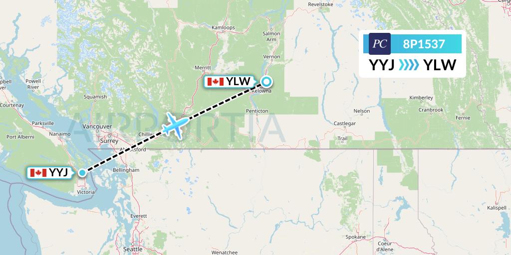 8P1537 Pacific Coastal Airlines Flight Map: Victoria to Kelowna