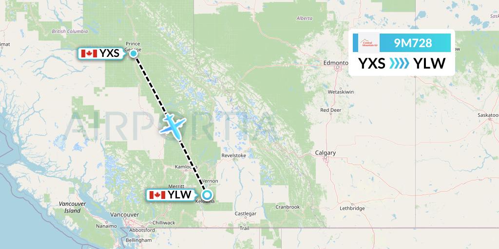 9M728 Central Mountain Air Flight Map: Prince George to Kelowna