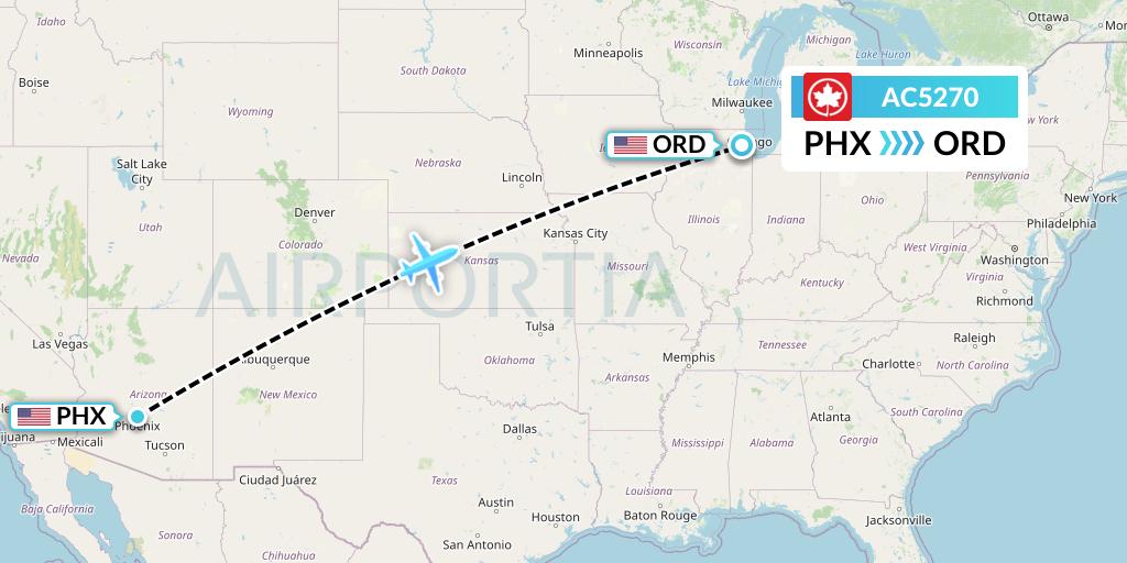 AC5270 Air Canada Flight Map: Phoenix to Chicago
