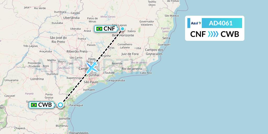 AD4061 Azul Brazilian Airlines Flight Map: Belo Horizonte to Curitiba