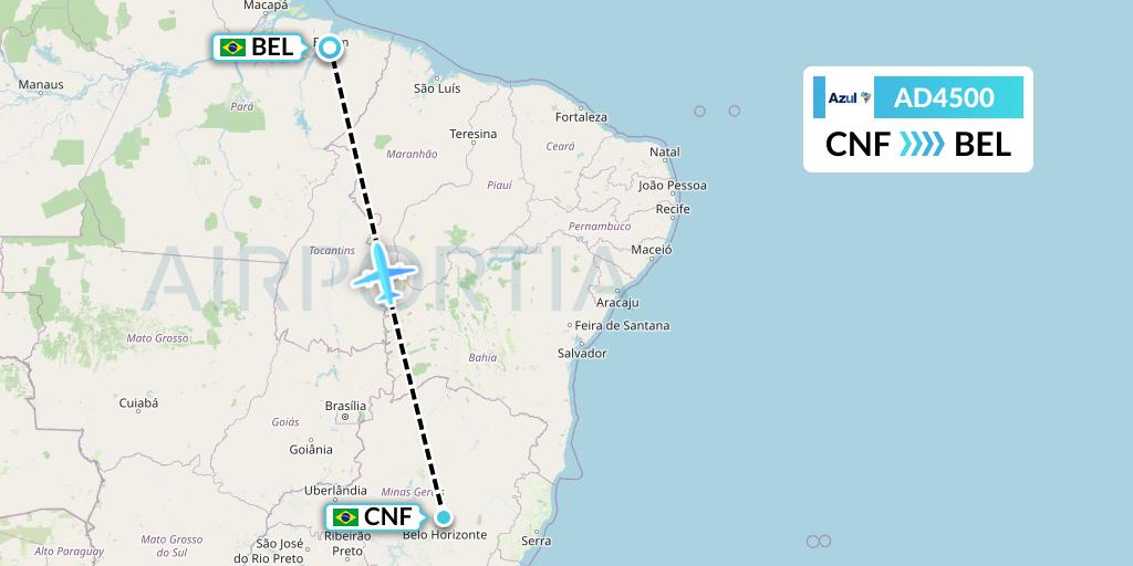 AD4500 Azul Brazilian Airlines Flight Map: Belo Horizonte to Belem