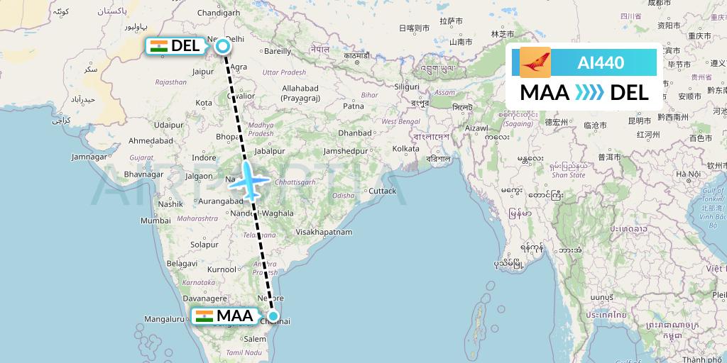 AI440 Air India Flight Map: Chennai to Delhi