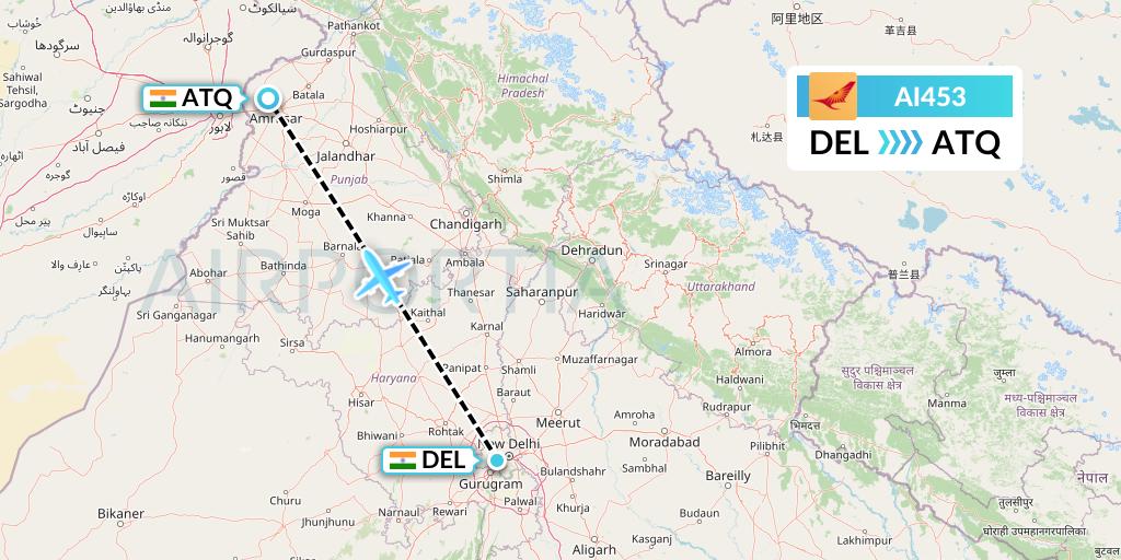AI453 Air India Flight Map: Delhi to Amritsar