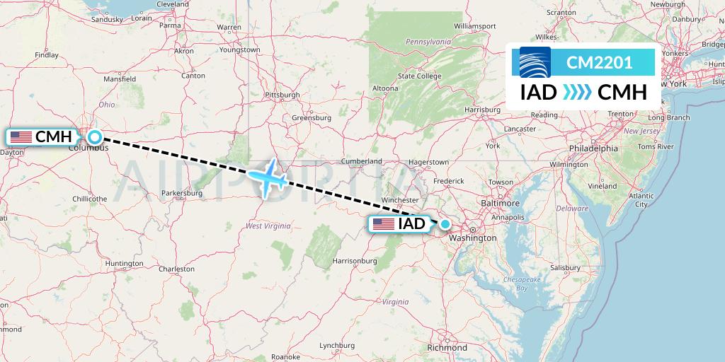 CM2201 Copa Airlines Flight Map: Washington to Columbus